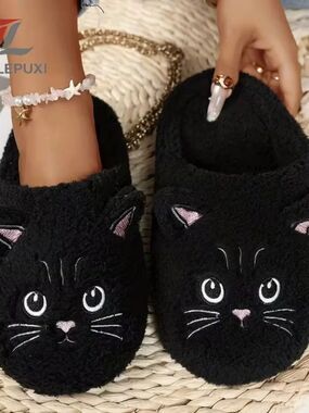 Halloween Goth Black Cat-Themed Soft Sole Slip-On Slippers Color Black Sz 7.5-8
